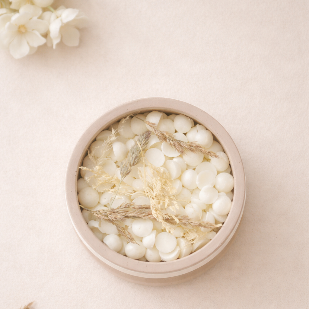 Vonná dekorace Jasmín – ruční výroba, betonová miska, přírodní vosk, pohled shora na světlém pozadí.