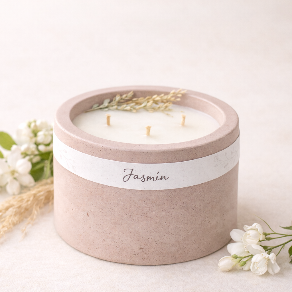 Ručně vyráběná sójová svíčka Jasmín v minimalistickém betonovém obalu, doplněná o jasmínové květy, v jemném teplém světle.