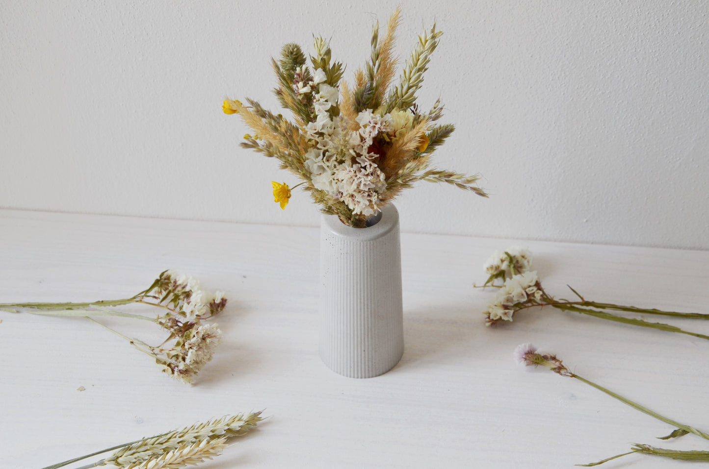 concrete vase with dried flowers Květina sušená v betonové vázičce - světle šedá. Front point of view