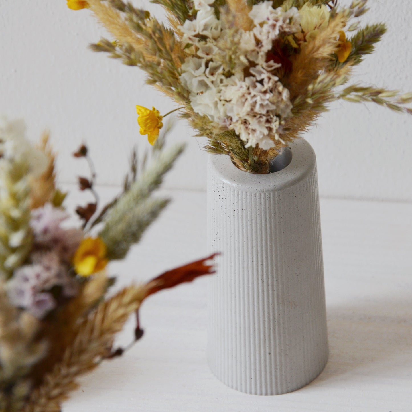 concrete vase with dried flowers Květina sušená v betonové vázičce - světle šedá. Close up Front point of view.