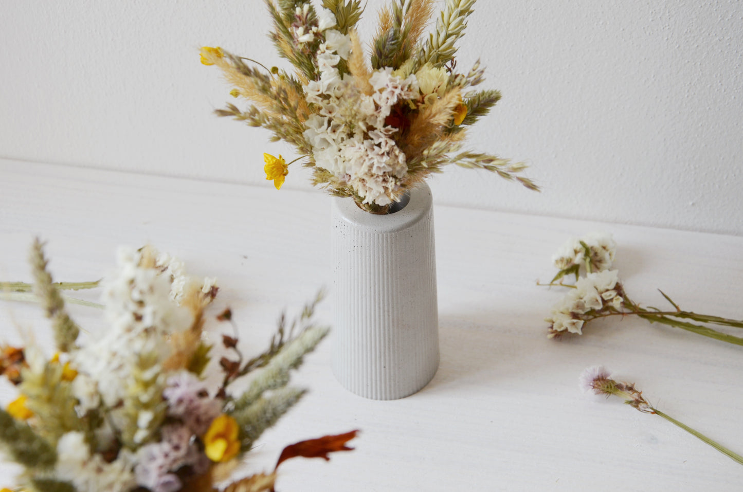 concrete vase with dried flowers Květina sušená v betonové vázičce - světle šedá. Close up Front point of view.