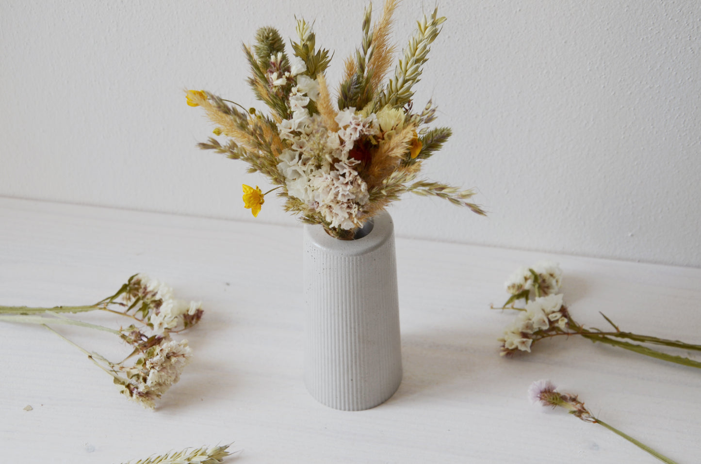 concrete vase with dried flowers Květina sušená v betonové vázičce - světle šedá. Front point of view.