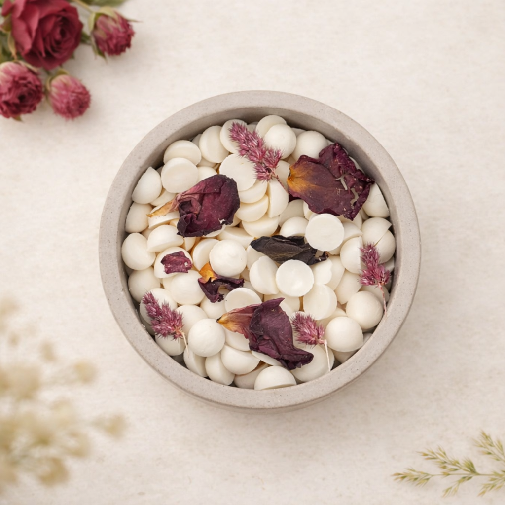 Minimalistická betonová miska v přírodní starorůžové barvě s voskovými kamínky a sušenými vínovými růžemi, nasvícená měkkým přirozeným světlem na světlém krémovém pozadí s rozostřenými růžemi.pohled shora se zdobenim