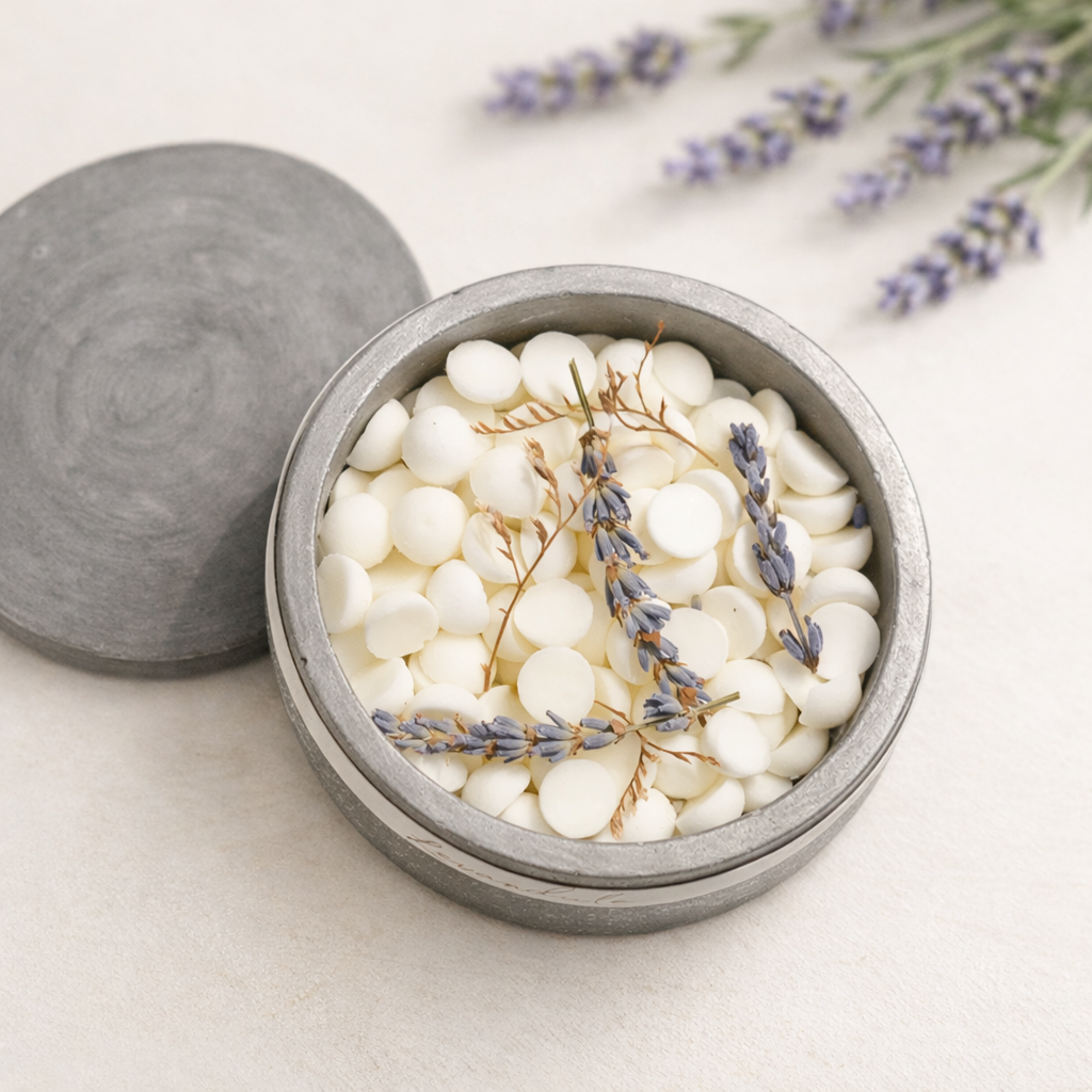 Minimalistická produktová fotografie shora: otevřená kulatá betonova dóza naplněná bílými voskovými peletami, ozdobená sušenou levandulí. Dóza leží na světlém krémovém podkladu s jemně rozostřenou levandulí v pozadí, v měkkém přirozeném světle a teplých přírodních tónech