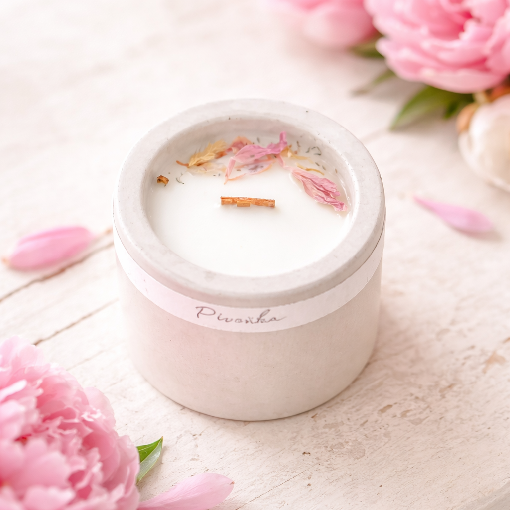 Sójová svíčka s vůní pivoňky v ručně vyráběné betonové nádobce s jedním dřevěným knotem – minimalistický design, přírodní aroma pro útulnou a relaxační atmosféru.