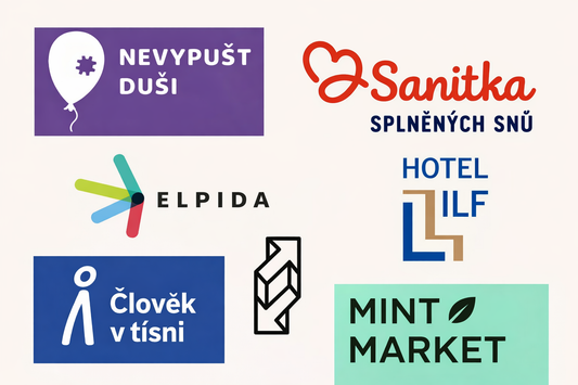 Loga firem. Tam kam jsme v roce 2025 prispely. Na banneru je videt logo: hotelu ilf, mint marketu, dyzajn marketu, elpidy, nevypust dusi, cloveka v tisni, sanitky splnenych snu a dyzajn marketu 