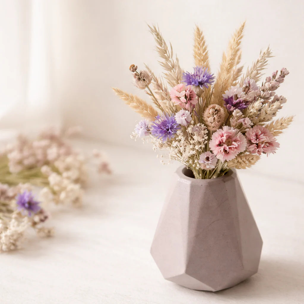 Susena kvetina v betonove vazicce 