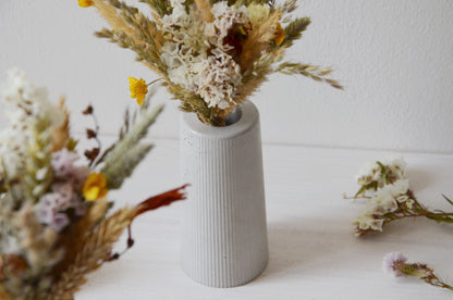 concrete vase with dried flowers Květina sušená v betonové vázičce - světle šedá. Close up Front point of view.