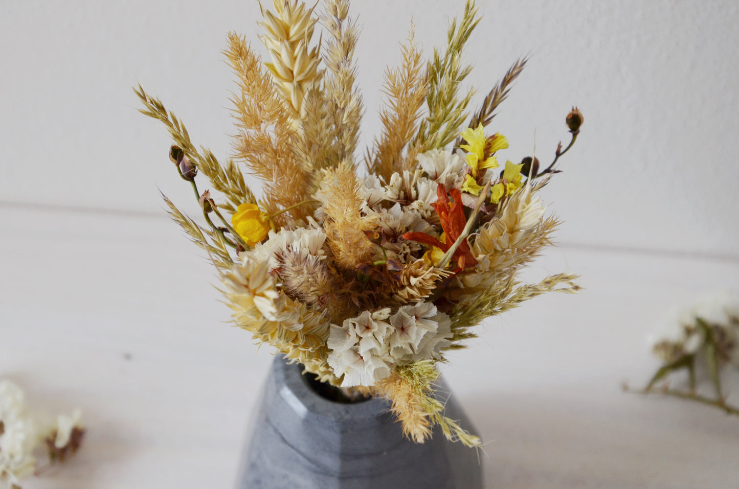 concrete vase with dried flowers Květina sušená v betonové vázičce - tmavě šedá diamant. Front point of view. Close up