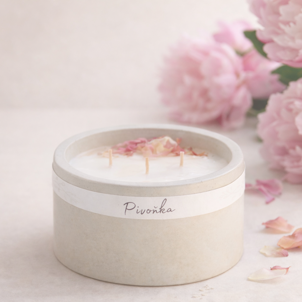 Přírodní ručně vyráběná sójová svíčka Pivoňka v matné keramické dóze s bavlněnými  knoty a okvětními lístky pivoňky, aranžovaná v minimalistickém lifestyle stylu na světlém neutrálním pozadí.