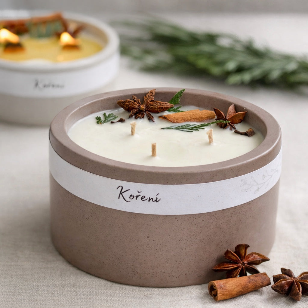 Spjova svicka koreni s bavlnenymi tremi knoty. Ozdobena korenim 