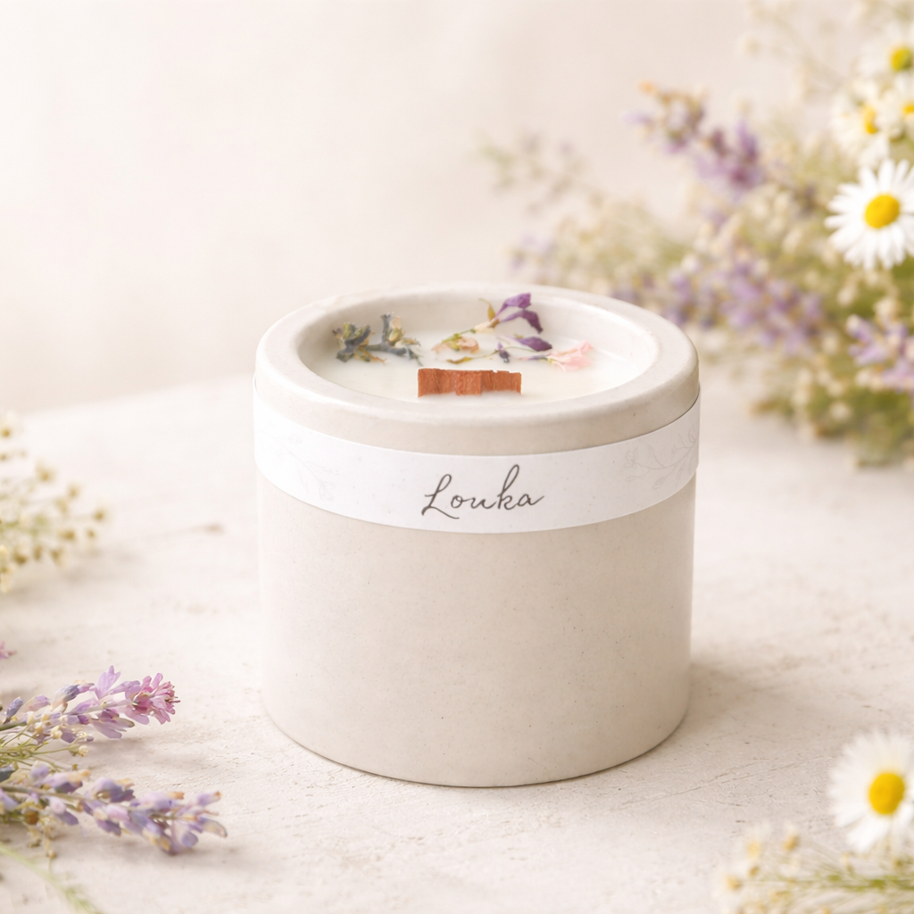 Minimalistická sójová svíčka Louka v matném světle šedém betonovém obalu, obklopená lučními květinami a jemnými bylinami, focená v měkkém přirozeném světle na světlém neutrálním pozadí.