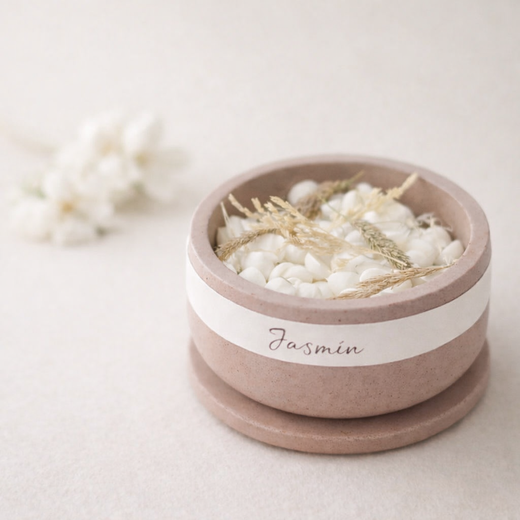 Vonne vosky s vuni jamsinu v betonove nadobce 