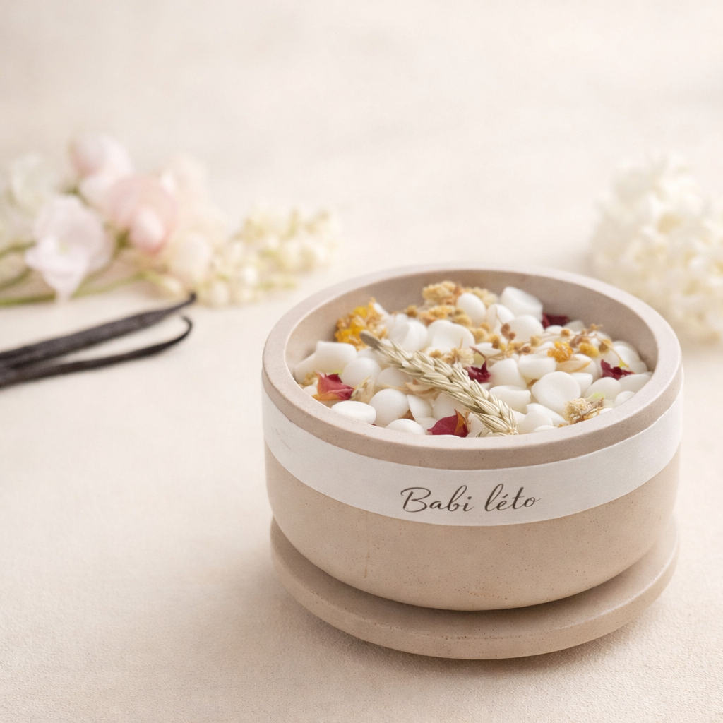betonova miska s vonnými dekorativními vosky Babí léto, sušené květy a přírodní detaily na světlém krémovém pozadí.