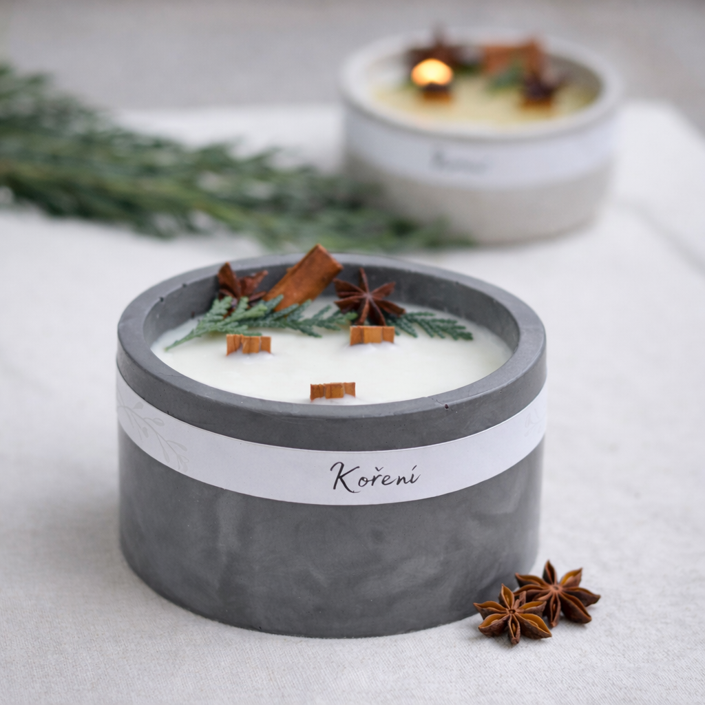 Betonová sójová svíčka Koření s dřevěnými knoty, zdobená skořicí, badyánem a jehličím, na světlém textilním pozadí.