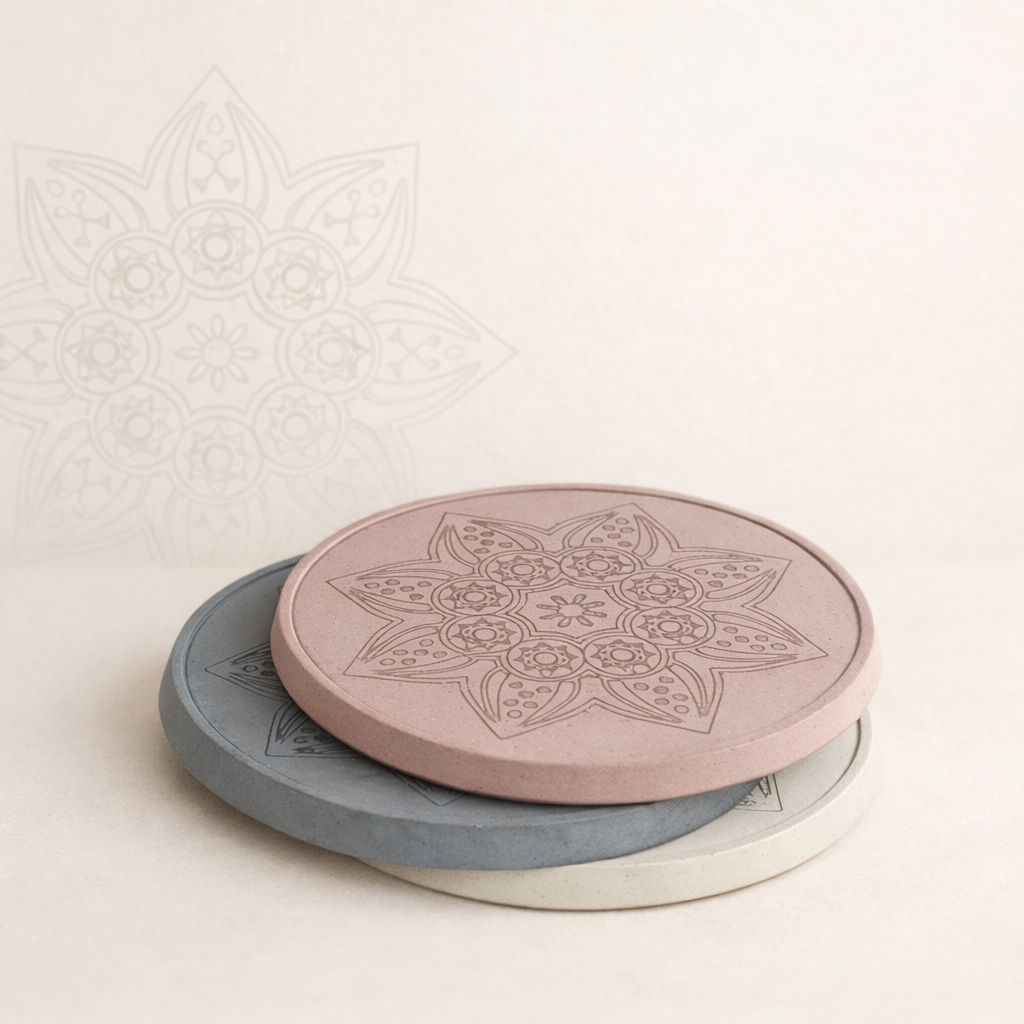 Ručně vyráběný betonový podtácek s jemným mandalovým motivem, focený v minimalistickém přírodním stylu na světlém pozadí.