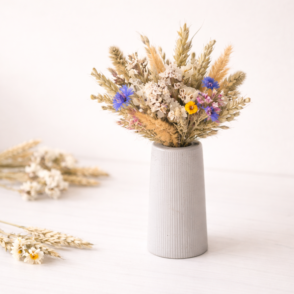 concrete vase with dried flowers Květina sušená v betonové vázičce - hnědá. Front point of view.
