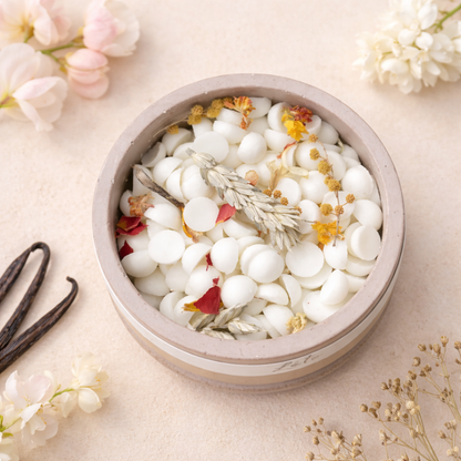 Pohled shora na betonovou misku s vonnými dekorativními vosky Babí léto, zdobenou sušenými květy v jemných přírodních tónech.
