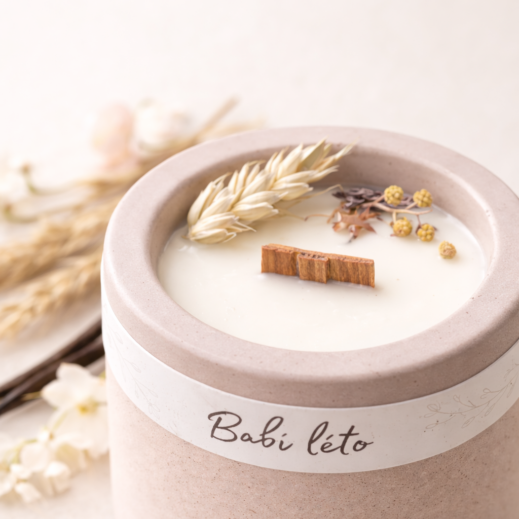 detail svicky babiho leta z blizka. Kde vidime detailne kvetiny, obily a dreveny knot