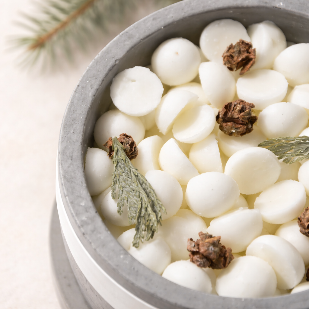 Detailní pohled shora na betonovou misku s bílými voskovými kousky, drobnými šiškami a lesní větvičkou, nasvícenou měkkým přirozeným světlem na světlém krémovém pozadí.