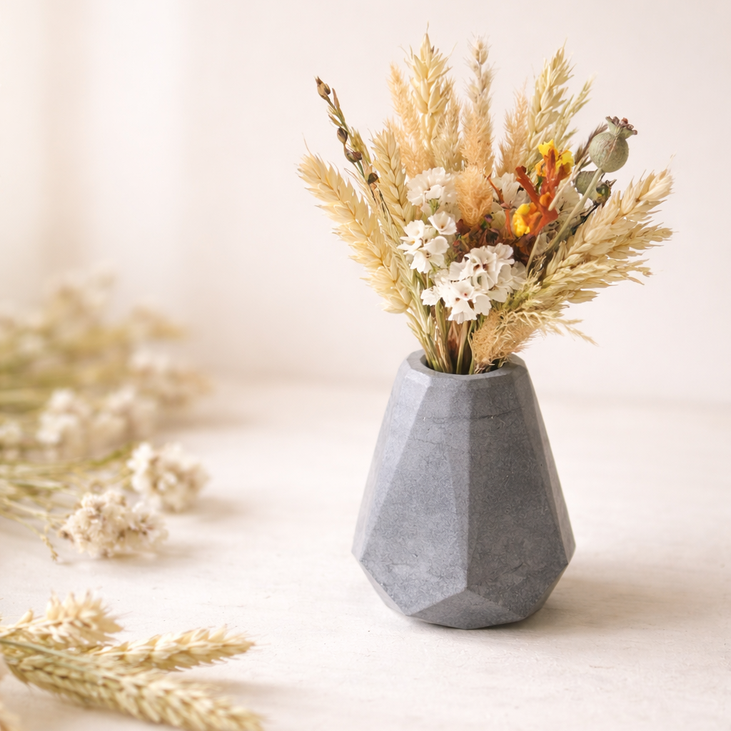 kvetina susena s vazickou v tmave sede barve ve tvaru diamantu na svetlem pozadi zdobena naboku susenyma kvetinama