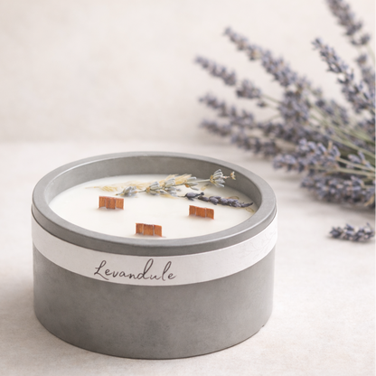 Přírodní ručně vyráběná sójová svíčka Levandule v matné betonové dóze s dřevěnými knoty a sušenou levandulí, aranžovaná v minimalistickém stylu na světlém neutrálním pozadí.
