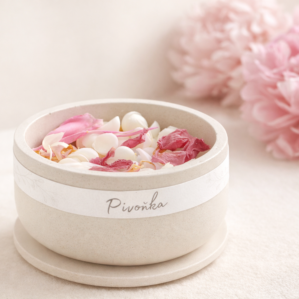 Detail ručně vyráběných vonných vosků s okvětními lístky pivoňky v betonové  misce.