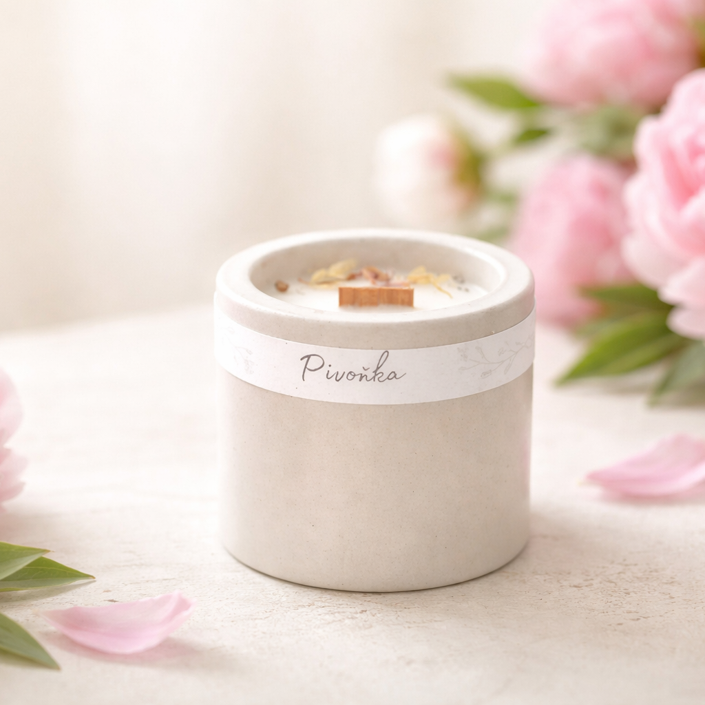 Sójová svíčka s vůní pivoňky v ručně vyráběné betonové nádobce s jedním dřevěným knotem – minimalistický design, přírodní aroma pro útulnou a relaxační atmosféru.