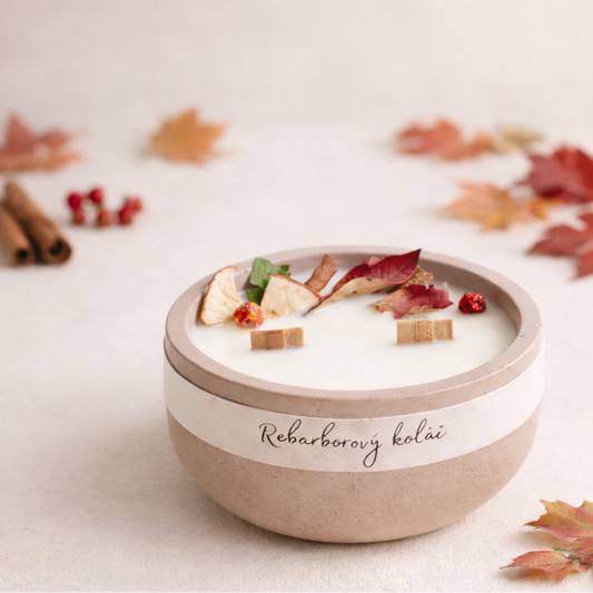 Ručně vyráběná přírodní svíčka Rebarborový koláč v betonove misce s matným povrchem, se dvěma knoty, doplněná sušeným ovocem a podzimním listím v jemně rozostřeném světlém pozadí, s listím soustředěným převážně na levé straně.