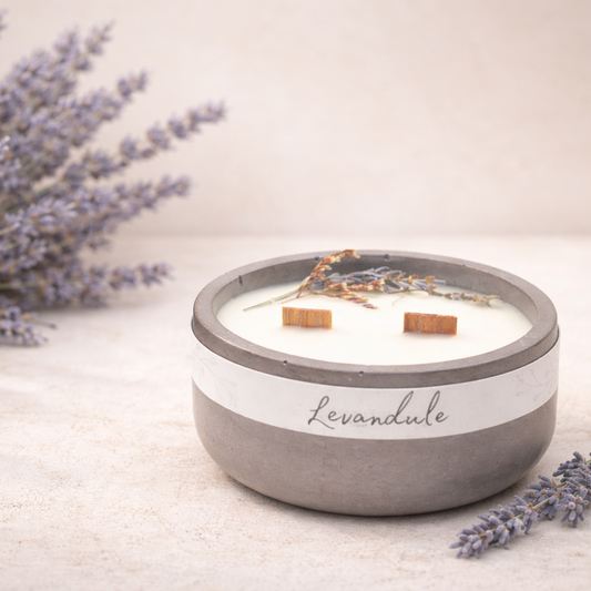 Minimalistická přírodní svíčka Levandule v matné betonové misce, nasvícená měkkým denním světlem, s jemně rozostřeným krémovým pozadím a levandulí aranžovanou z jedné strany.