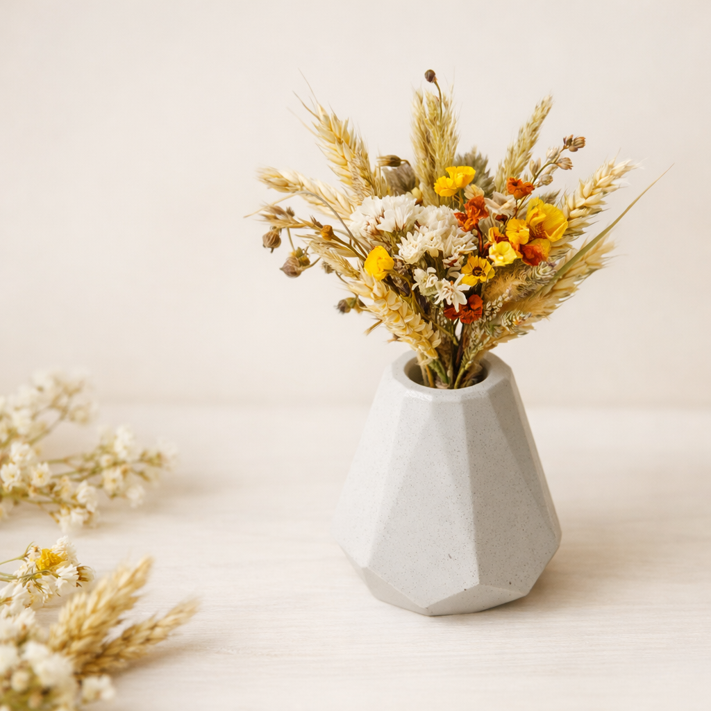 susena kvetina v betonove vazicce svetle sede tvaru diamant na svetlem pozadi