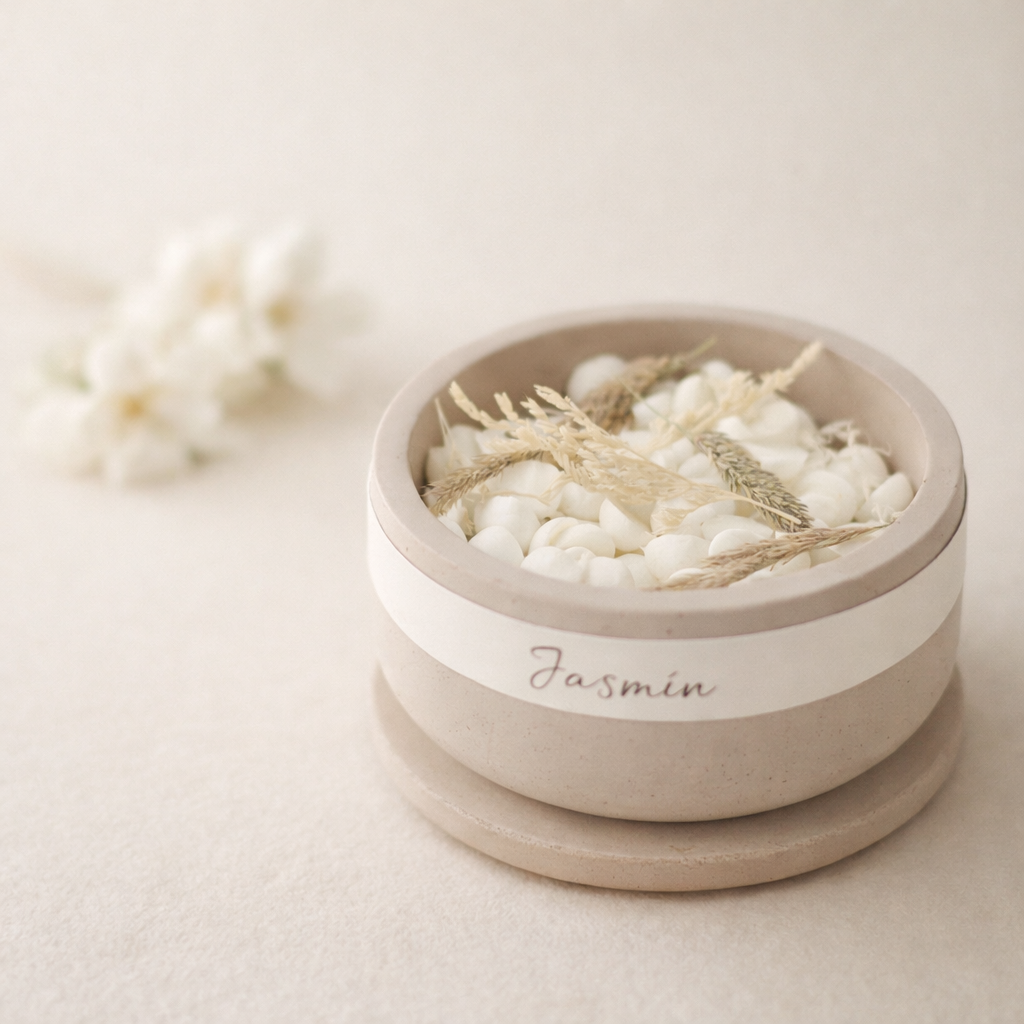 Vonná dekorace Jasmín v ručně vyráběné betonové misce, pohled shora, přírodní minimalistický styl.