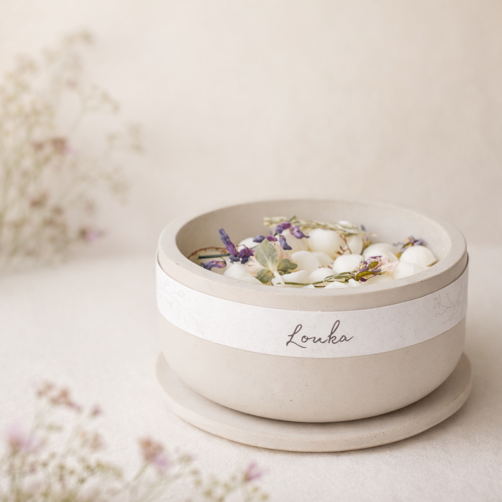 Ručně vyráběný vonný vosk Louka v matné betonové misce, jemné přírodní tóny. zdobený přírodnímy kvety