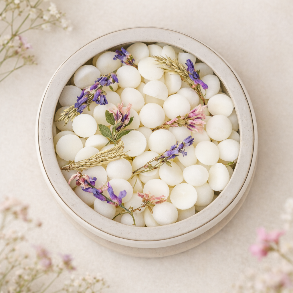 Pohled shora na vonný dekorativní vosk Louka v betonové misce s lučními květy.