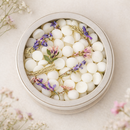 Pohled shora na vonný dekorativní vosk Louka v betonové misce s lučními květy.