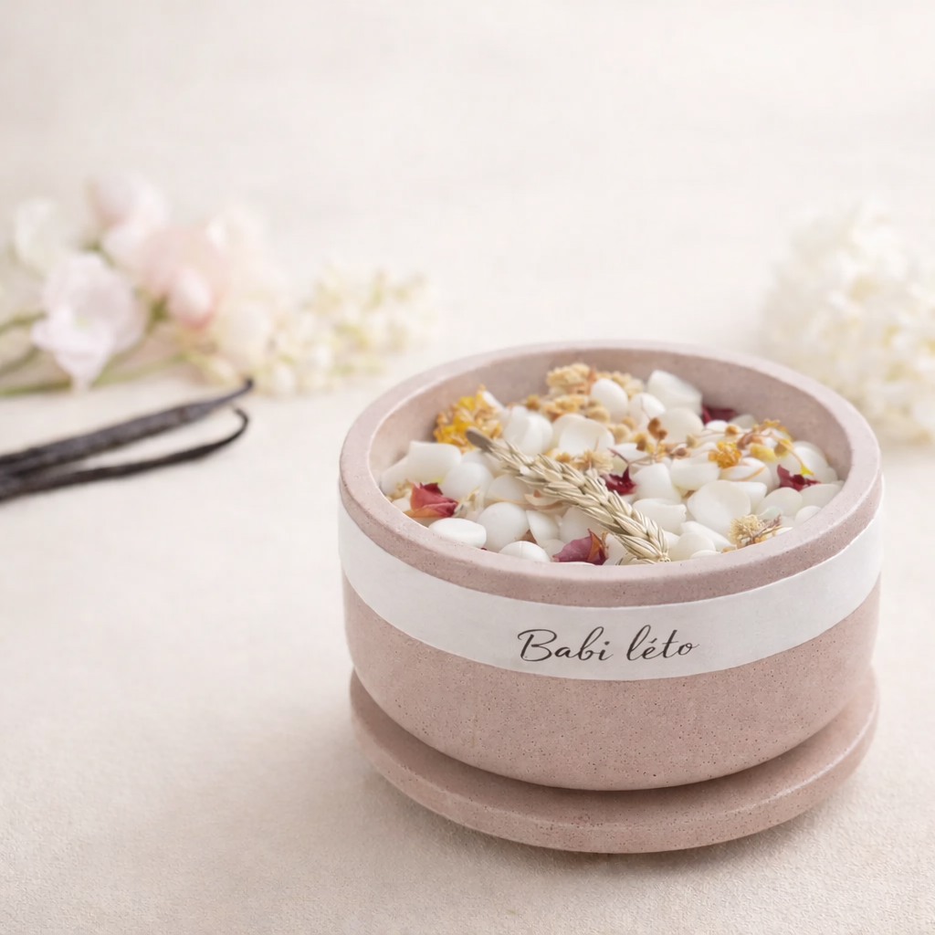 betonova miska s vonnými dekorativními vosky Babí léto, sušené květy a přírodní detaily na světlém krémovém pozadí.